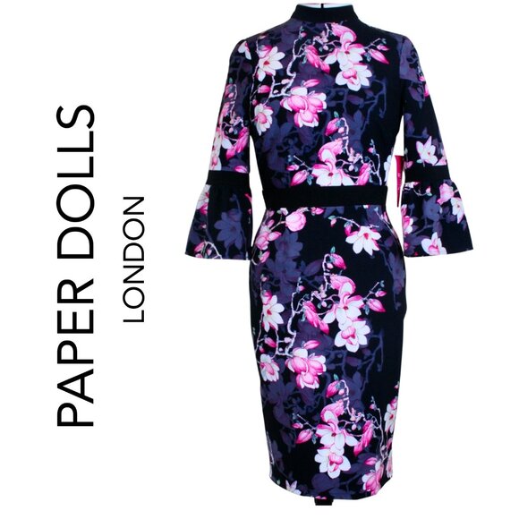 Paper Dolls London Floral Bodycon Dress w/ Bell Sleeves – NWT – Size US 4 / UK - Picture 1 of 7